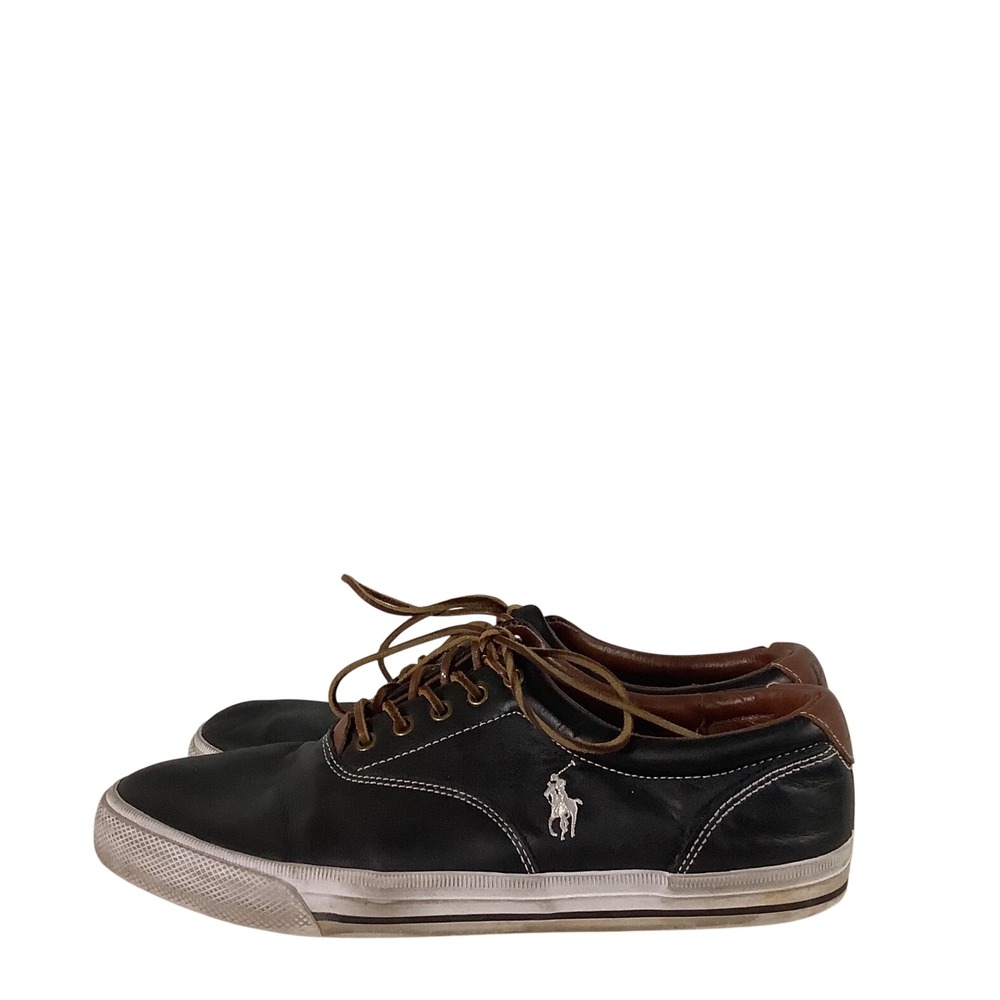 Polo Ralph Lauren Vaughn Black Leather Sneakers Mens 13D Brown Trim 00000859